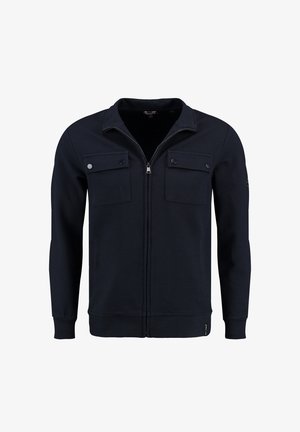 Marinefarbener Reißverschluss-Sweatshirt aus strukturiertem Material. Verfügt über zwei frontale Taschen mit Klappen und dezentem Branding auf der unteren linken Seite.