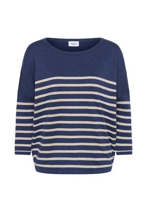 Pull bleu marine avec des rayures horizontales beiges, manches trois-quarts et col rond.