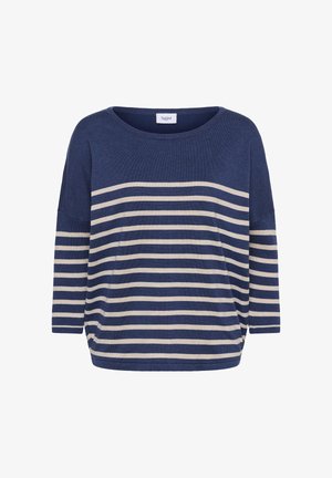 Pull bleu marine avec des rayures horizontales beiges, manches trois-quarts et col rond.