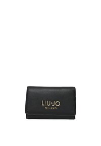 Portafoglio in pelle nera con finitura testurizzata, caratterizzato da un logo dorato impresso "LIU•JO MILANO" sul fronte. Design compatto e rettangolare.