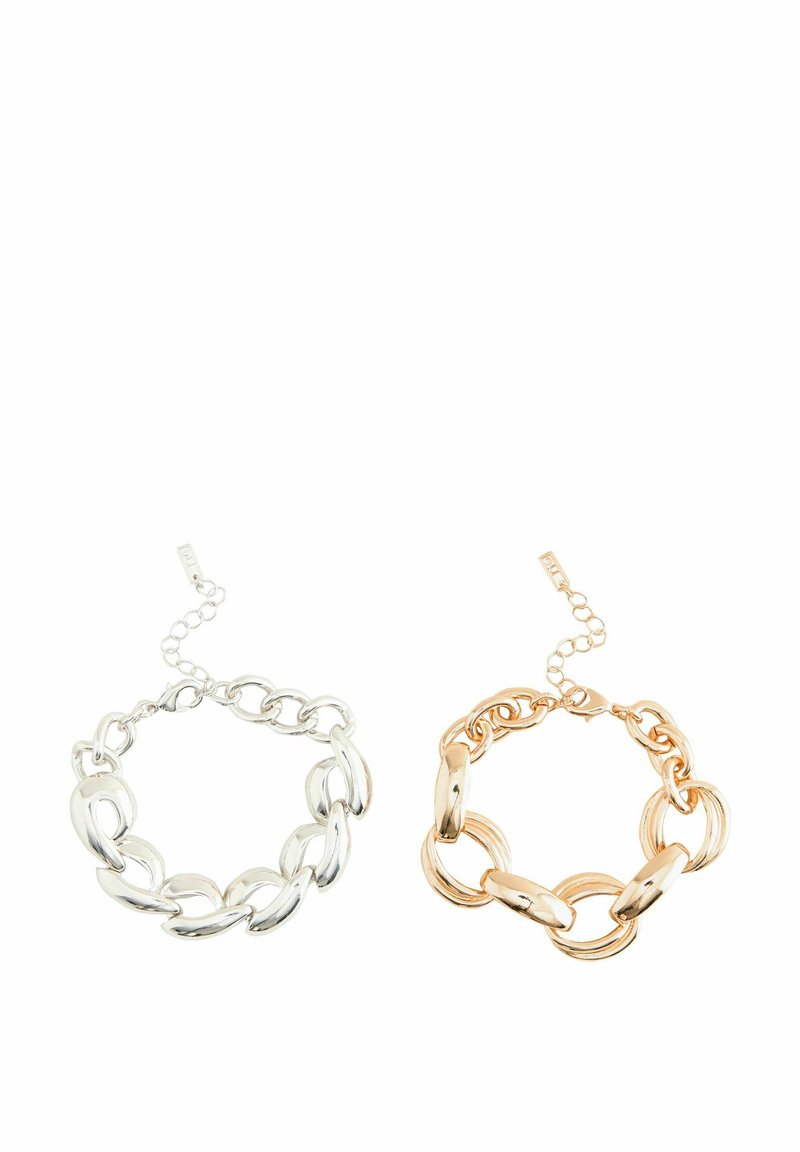 Two chain bracelets: one silver and one rose gold. Each features linked oval shapes with a polished finish and adjustable clasp details.
