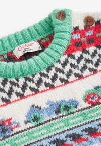Knitted sweater with a mint green ribbed collar, featuring multicolored patterns of cars and geometric shapes on a cream background.