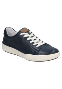 Navy leather sneakers with white lace-up design, textured rubber outsole, and brown accent on the tongue, featuring a smooth surface.