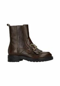 Bruine leren enkelboot met een afgeronde neus, decoratieve franjes en een metalen ringaccent. Voorzien van een robuuste zwarte zool en een trek lus.