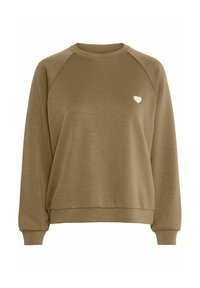 Sudadera verde oliva con cuello redondo, mangas raglán y un pequeño logo en forma de corazón blanco en el lado izquierdo del pecho. Textura de tela suave.