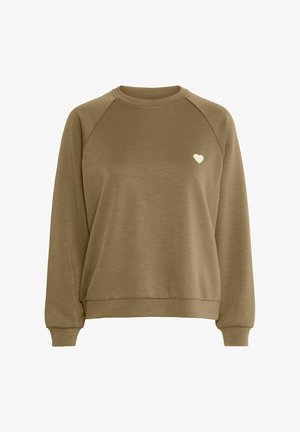 Olivgrüner Sweatshirt mit Rundhalsausschnitt, Raglanärmeln und kleinem weißen Herz-Logo auf der linken Brust. Weicher Stoff mit angenehmer Haptik.