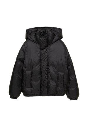 Schwarze Daunenjacke mit Kapuze, mit einem Reißverschluss vorne, zwei großen Fronttaschen, breiten Bündchen und einem geschnittenen Saum. Glattes, glänzendes Material.