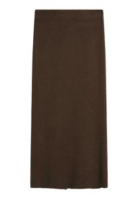 Jupe marron, longueur genou, fabriquée en tissu doux avec une texture lisse. Design simple et droit sans motifs ni accents matériels visibles.