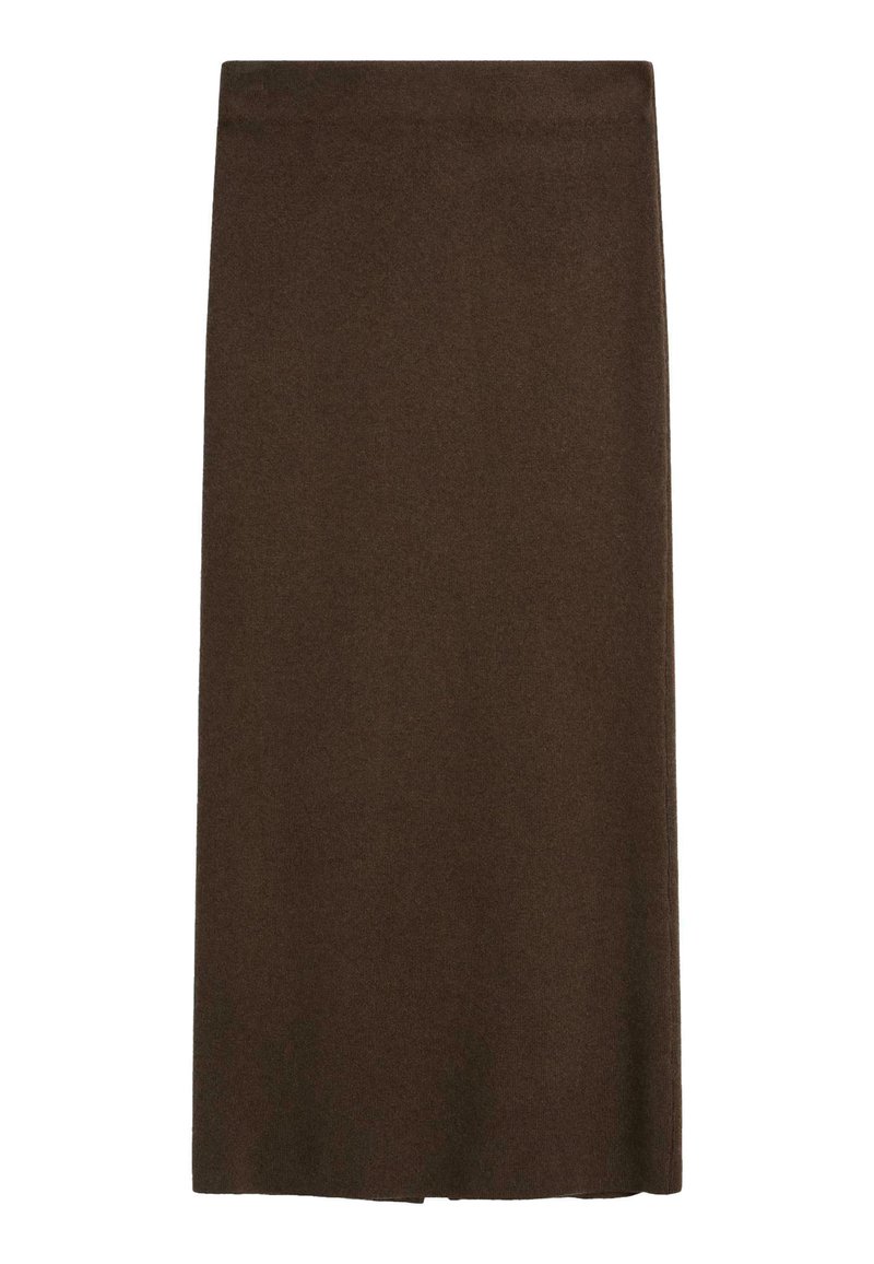 Jupe marron, longueur genou, fabriquée en tissu doux avec une texture lisse. Design simple et droit sans motifs ni accents matériels visibles.