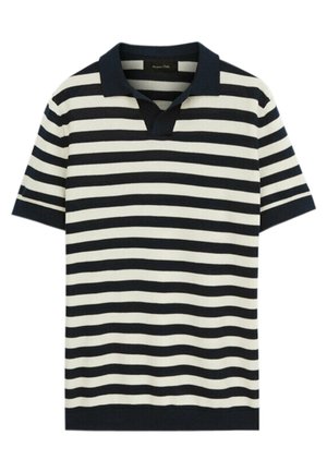 Granatowo-biała koszulka polo z krótkim rękawem w poziome paski, z granatowym kołnierzykiem i wycięciem przy dekolcie.