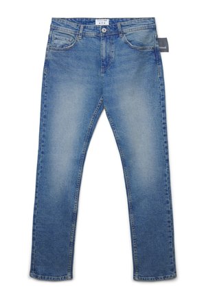 Jeans in denim azzurro chiaro con un fitted dritto, dotati di due tasche anteriori e chiusura a bottone. Il tessuto presenta una texture sbiadita e usurata.