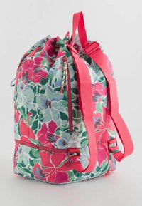 Sac à dos à cordon floral avec un motif rose et vert, en matériau textile, avec des bretelles ajustables et une poche zippée sur le côté.