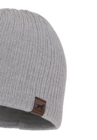 Gray knitted beanie with a ribbed texture, featuring a brown leather patch labeled "Hunting Club" with a dog graphic.