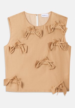 Beige sleeveless top with round neckline, featuring multiple decorative fabric bows tied with thin strips on front and bottom edges.