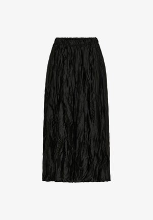 Sort midi nederdel med en krøllet tekstur, elastisk talje og flydende design. Lavet af letvægtsstof med en samlet silhuet.