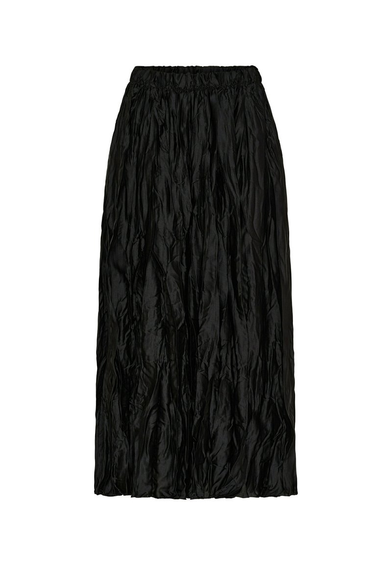 Sort midi nederdel med en krøllet tekstur, elastisk talje og flydende design. Lavet af letvægtsstof med en samlet silhuet.