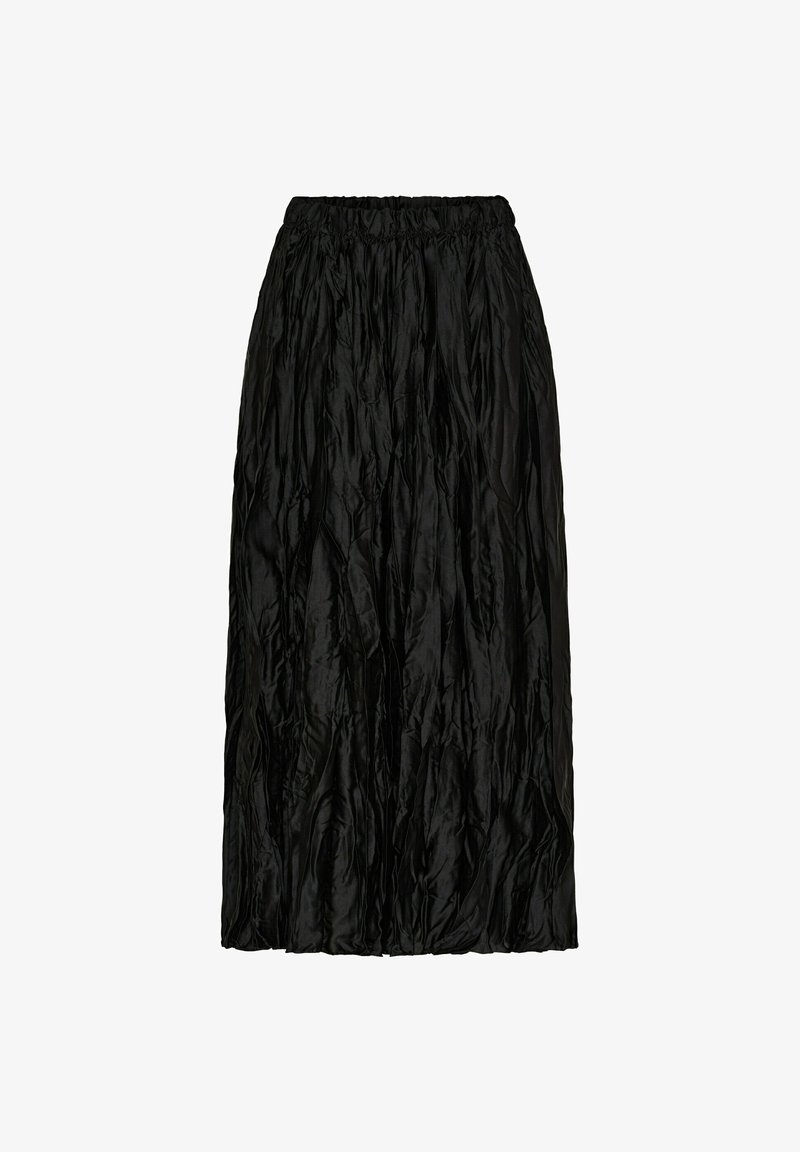 Sort midi nederdel med en krøllet tekstur, elastisk talje og flydende design. Lavet af letvægtsstof med en samlet silhuet.