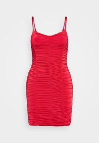 Czerwona sukienka bodycon z delikatnym marszczeniem, cienkimi, regulowanymi ramiączkami i dopasowaną sylwetką. Wykonana z elastycznego materiału o gładkiej strukturze.