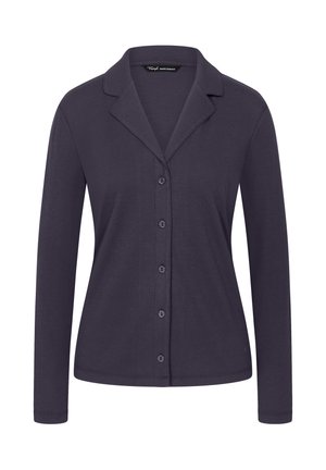 Mörklila långärmad cardigan med slagkrage och knäppning framtill, tillverkad av ribbad tyg. Enkel, oförskönad design.