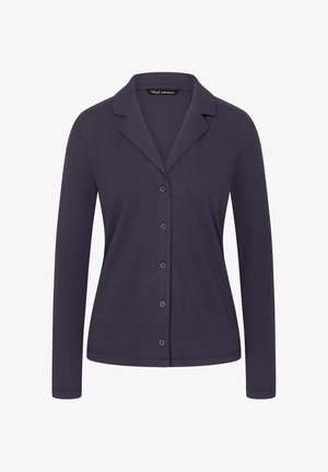 Dunkellila, langärmelige Strickjacke mit einem Reverskragen und Knopfleiste, aus geripptem Stoff gefertigt. Einfache, schlichte Gestaltung.
