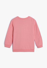 Różowa bluza z długimi rękawami, okrągłym dekoltem, ściągaczami na rękawach i dole. Gładka faktura, prosty design, bez widocznych wzorów czy akcentów.