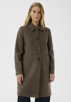 Woman wearing a knee-length brown coat with black buttons, standing against a plain light background.