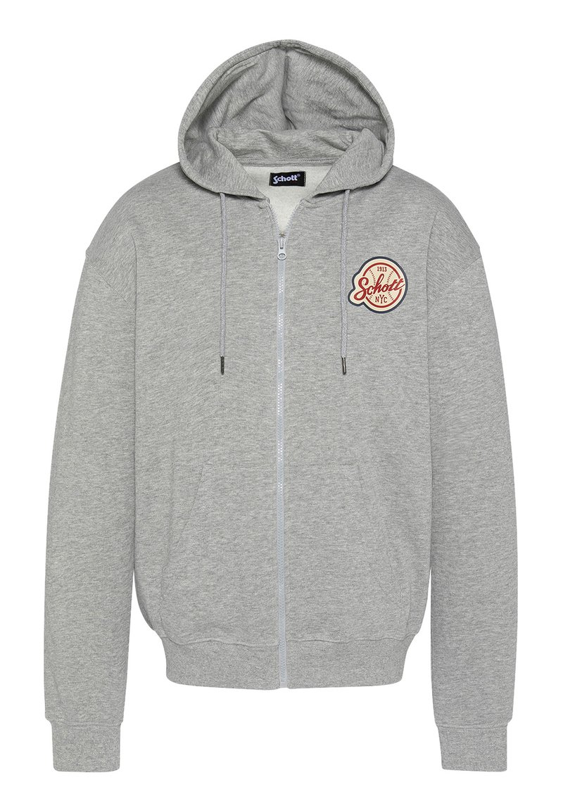 Grijze hoodie met rits, gemaakt van zachte stof, met een capuchon, koordjes en een ronde logo-patch op de linkerkant van de borst. Twee voorzakken.