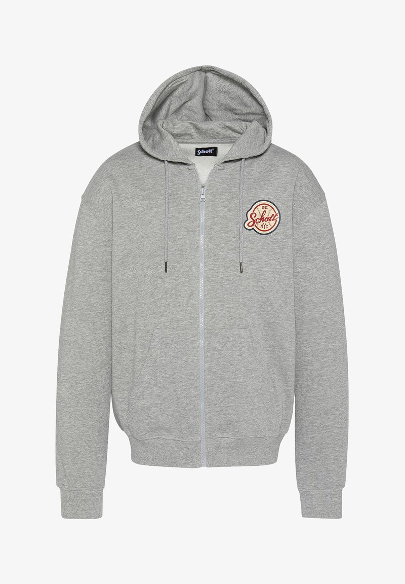 Grijze hoodie met rits, gemaakt van zachte stof, met een capuchon, koordjes en een ronde logo-patch op de linkerkant van de borst. Twee voorzakken.
