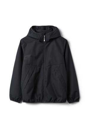 Schwarze Kapuzenjacke mit Frontreißverschluss, elastischen Bündchen und schrägen Seitentaschen, flach auf weißem Hintergrund liegend.