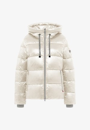 Dikke witte jas met een glanzende afwerking, voorzien van een capuchon, een ritssluiting aan de voorkant, grijze manchetten en dubbele trekkoorden bij de hals.