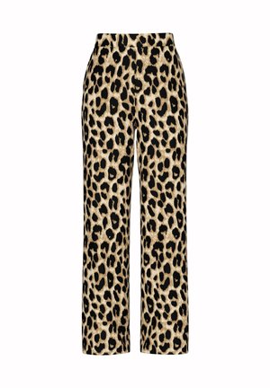 Pantalones de pierna ancha con estampado de leopardo en beis y negro. Presentan una textura suave con una cintura elástica. Corte recto hasta los tobillos.