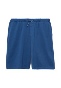 Blauwe katoenen shorts met een elastische tailleband, trekkoordsluiting en twee zijzakken; gladde textuur met een effen kleur ontwerp.