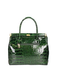 Borsa con motivo coccodrillo verde lucido, dotata di robuste maniglie a coppia, tasca frontale con zip e dettagli in metallo color oro.