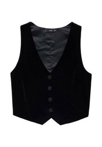 Černá sametová vesta s hlubokým výstřihem do V, pěti černými knoflíky vpředu a hladkou podšívkou. Střih přizpůsobený tělu.