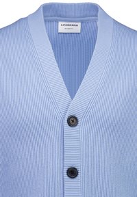 Hellblauer gerippter Cardigan mit V-Ausschnitt, mit lockerem Schnitt und zwei schwarzen Knöpfen vorne. Strukturierter, gestrickter Stoff.