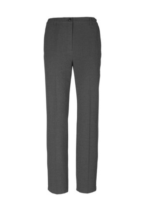 Pantalons en laine grise à jambe droite, dotés d'une fermeture à bouton et d'une texture lisse. Conçus pour un look formel et épuré.