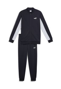 Marineblauw sportieve trainingspak met ritsjack, voorzien van witte panelen en PUMA-logo. Inclusief bijpassende broek met elastische boorden en logodetail.
