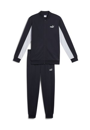 Navy Sportanzug mit Zip-Jacke, die weiße Einsätze und das PUMA-Logo aufweist. Enthält passende Hose mit elastischen Bündchen und Logodetails.