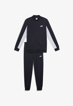 Trening sportiv de marină, cu jachetă cu fermoar, prezentând panouri albe și logo-ul PUMA. Include pantaloni asortați cu manșete elastice și detalii cu logo.
