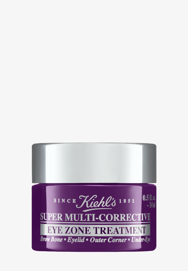 Lila Glas mit einem silbernen Deckel, beschriftet mit "Super Multi-Corrective Eye Zone Treatment", mit weißem Text und einem Fassungsvermögen von 0,5 fl. oz. (14 ml).