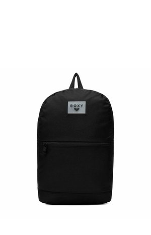 Zaino nero Roxy con tasca frontale con zip e manico ad anello, toppa con logo, nome del marchio e simbolo a forma di cuore nella parte alta centrale.