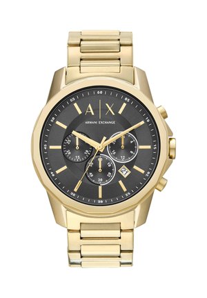 Goldfarbene Armani Exchange Armbanduhr mit schwarzem Zifferblatt, drei Hilfszifferblättern, goldfarbenen Markierungen, Zeigern und Datumsfenster bei 16 Uhr.