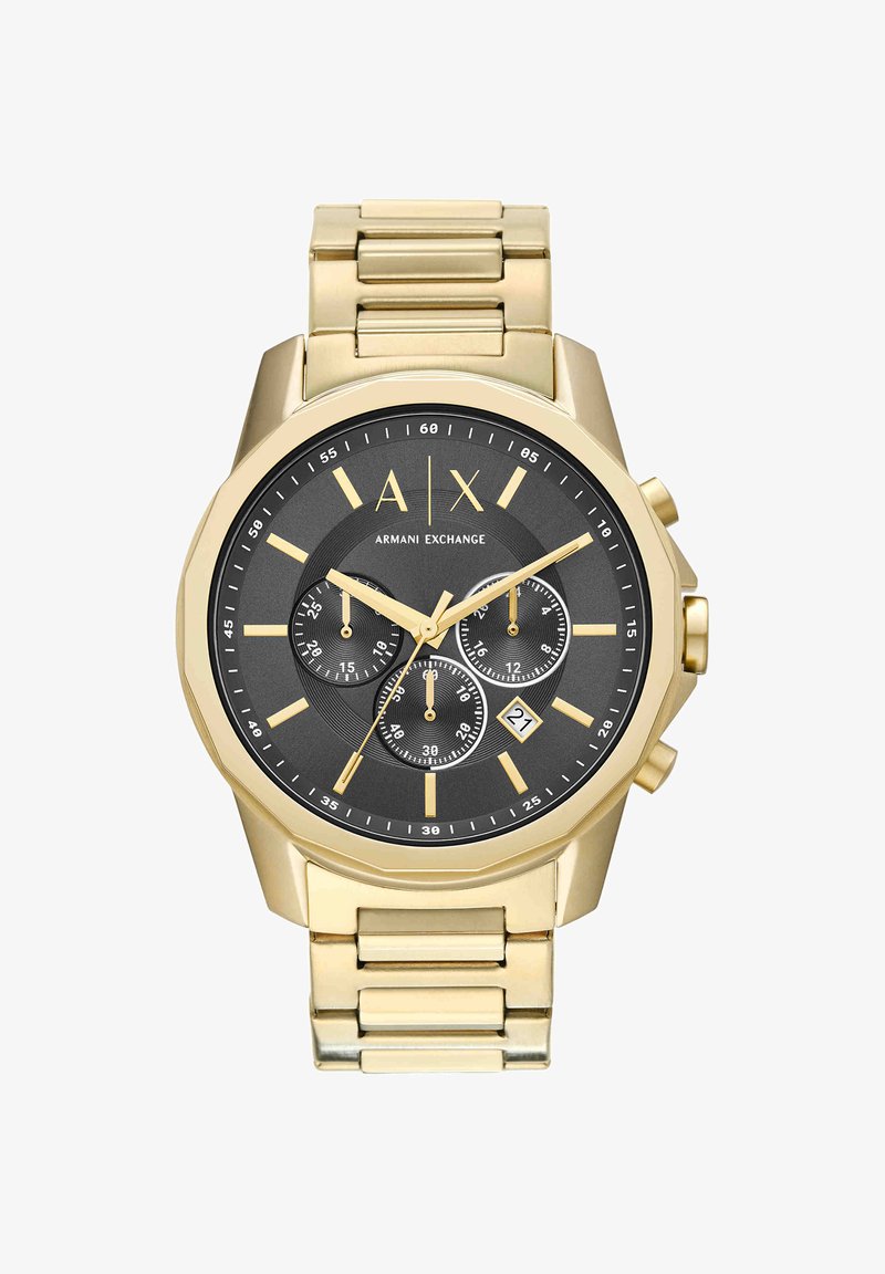 Reloj de pulsera Armani Exchange en tono dorado con esfera negra, tres subesferas, indicadores dorados, agujas y ventana de fecha a las 4 en punto.