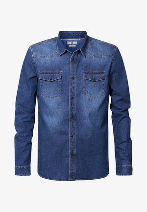 Langärmliges blaues Denimhemd mit durchgehender Knopfleiste und zwei Brusttaschen mit geknöpften Klappen, mit Western-Stil Passe-Detail.