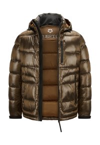 Gepolsterte Puffjacke in dunklem Bronze mit glänzender Oberfläche, ausgestattet mit einem Reißverschluss auf der Vorderseite, Kapuze und zwei seitlichen Taschen. Innenfutter in kontrastierendem Braun.
