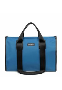 Borsa a spalla in tessuto blu con manici e dettagli neri. Presenta una forma rettangolare, una superficie liscia e un piccolo logo sul davanti.