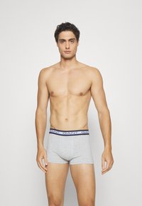 Gray cotton boxer briefs with a navy waistband featuring the brand name repeated in white. Model standing against a neutral background.