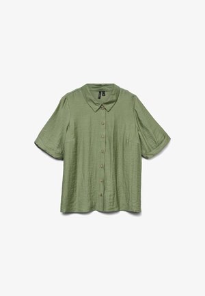 Short-sleeve, light green button-up shirt with a collar, textured fabric, and brown buttons. Features a loose fit and simple design.