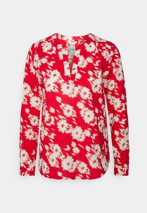 Rotes Langarmshirt mit einem floralen Muster in Weiß. Verfügt über einen Ausschnitt und einen lockeren Schnitt. Hergestellt aus leichtem Material.