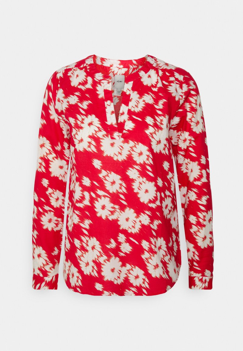 Rotes Langarmshirt mit einem floralen Muster in Weiß. Verfügt über einen Ausschnitt und einen lockeren Schnitt. Hergestellt aus leichtem Material.